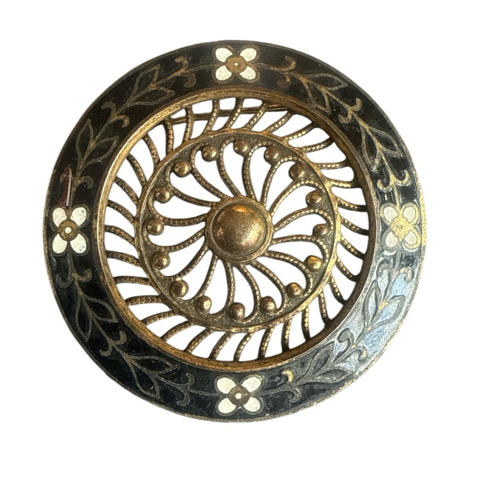 Vintage Enamel Floral Brooch Pin Round Black‎ Gold Tone Filigree